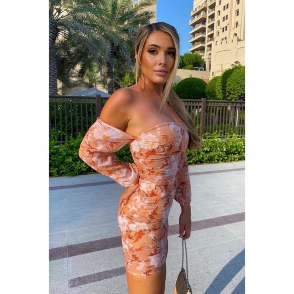 Brown Floral Print Long Sleeve Off Shoulder Ruched Bodycon Mini Dress - Picture 8 of 11